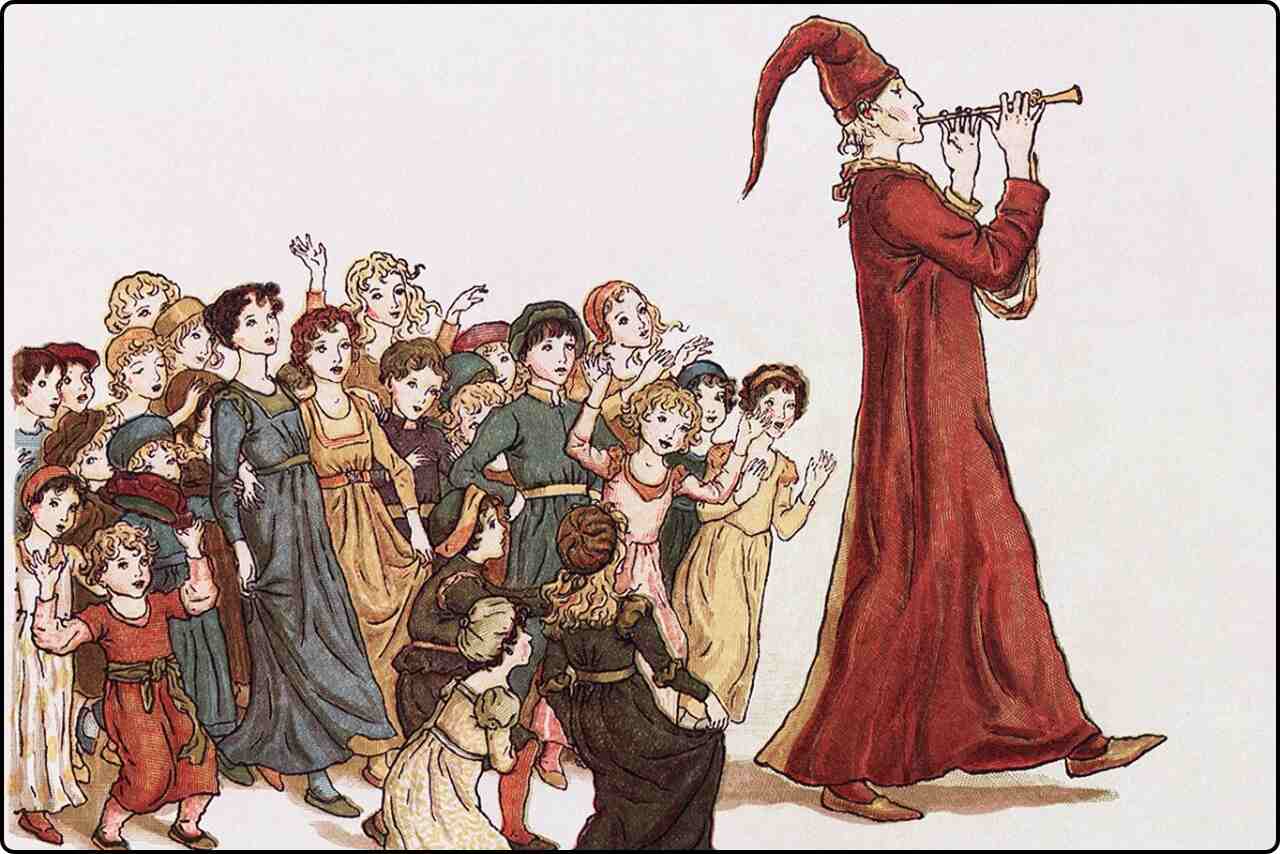 Artwork capturing the Pied Piper of Hamelin in action, guiding children with his music